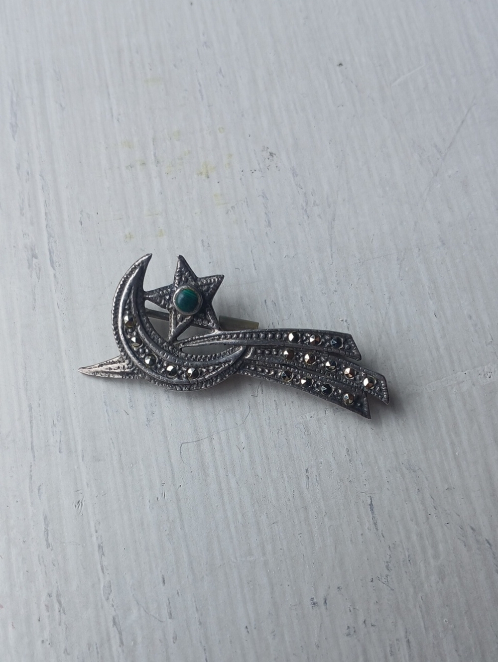 ✨ Vintage Sterling Silver Marcasite Celestial Crescent Moon & Star Brooch Pin ✨